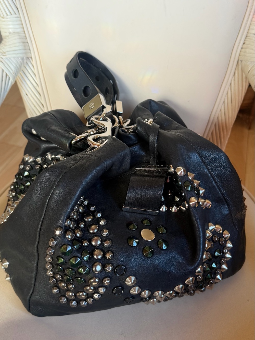 JIMMY CHOO Black Lambskin Studded Lohla Jane Two Way Tote. MINT! RT $ 2295. - Picture 4 of 16